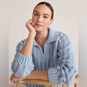 Haven Well Within Chunky Open‎ Stitch Johnny Collar Pullover Sweater Blue XL NWT